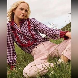 Boden Isla Frill Detail Blouse Formica Pink and Navy Gingham 8 ruffle plaid soft
